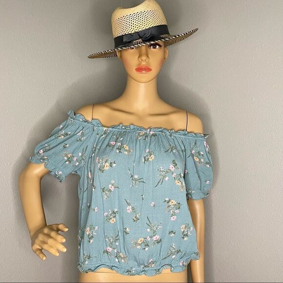 NWT Pink Rose Turquoise Floral On or Off Shoulder Croptop Blouse Size Large - Picture 2 of 12